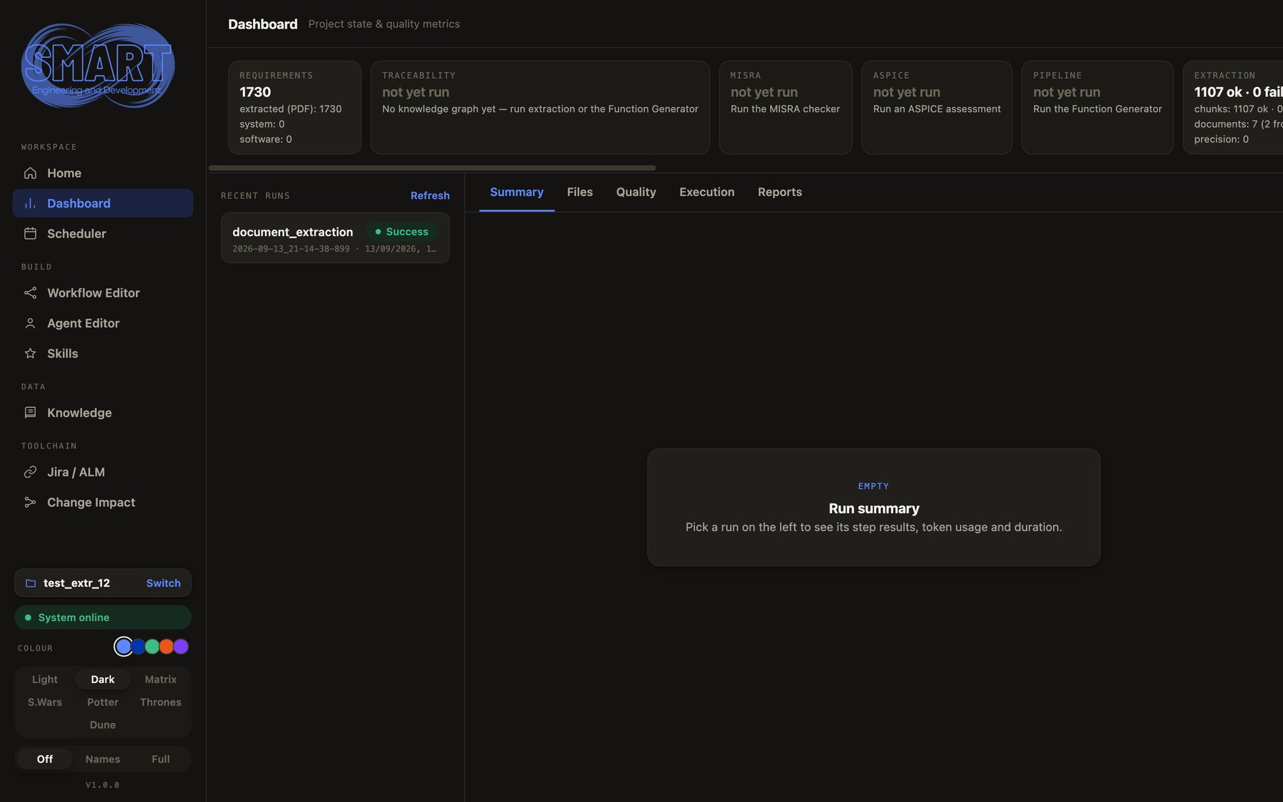The Dashboard showing project health tiles and a recent successful document extraction run